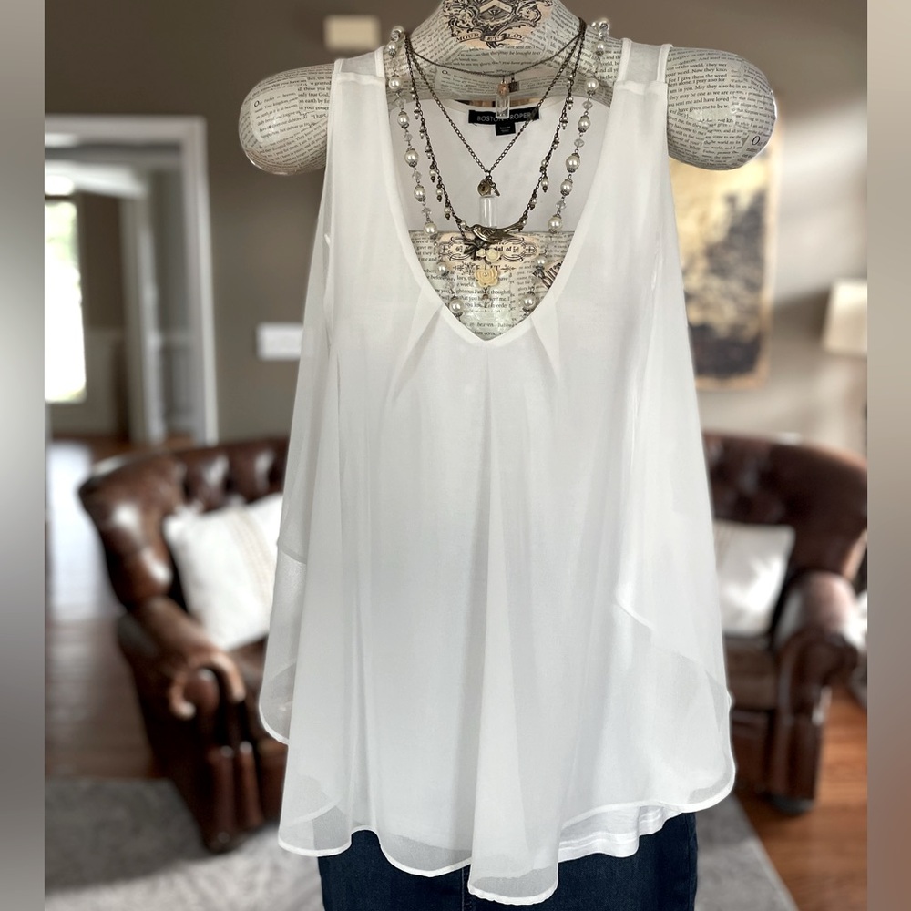 Boston Proper White Sleeveless Top Flowy Chiffon Overlay